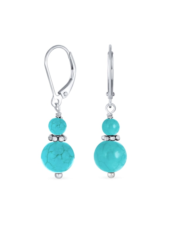 Womens Bali Style Turquoise Double Bead Ball Dangle Earring .925 Sterling Silver