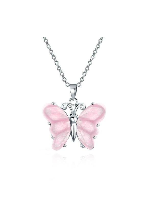 Womens Gemstone Carved Pink Quartz & Jade Butterfly Pendant Necklace in Sterling Silver