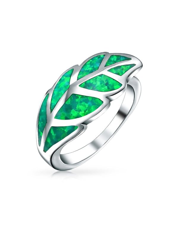 Womens Created Opal Inlay Nature Green Leaf Band Ring .925 Sterling Silver