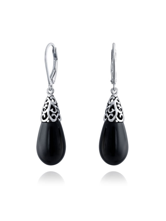 Womens Bali Long Black Onyx Teardrop Dangle Earrings Sterling Silver Lever Back