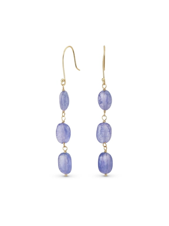 Womens 14K Gold 3 Long Oval Garnet Purple Tanzanite Dangling Earrings Fish Hook