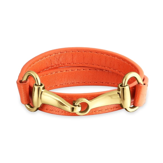 Bling Jewelry Womens Genuine Leather Orange Gold Tone Equestrian Snaffle Horse Bit Wrap Bracelet