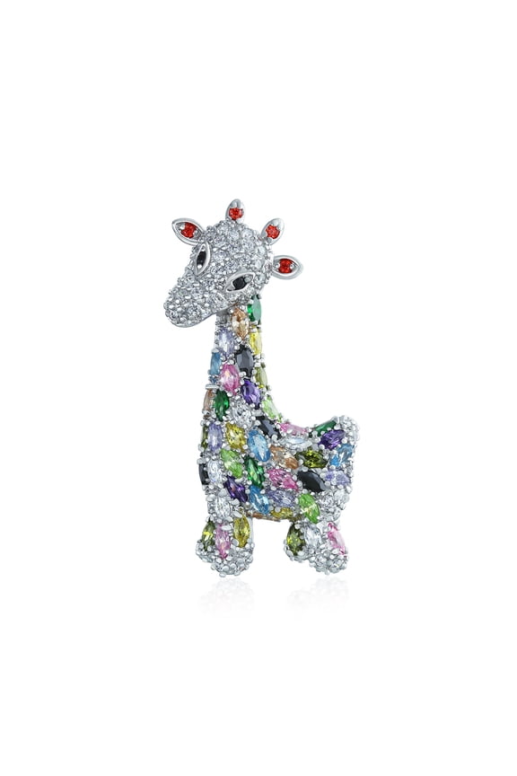 Womens Giraffe Zoo Animal Brooch Pin CZ Colorful Pave Cubic Zirconia Silver Plated