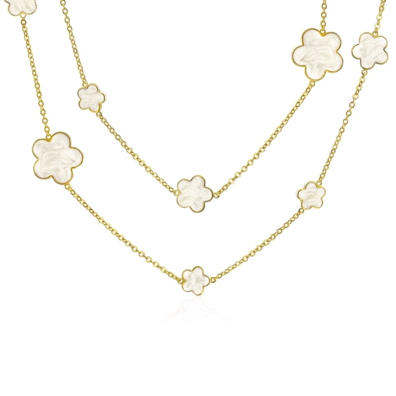 Bling Jewelry Womens Gold White Enamel Flower Clover Necklace Long Double Wrap 40" Gold Plated