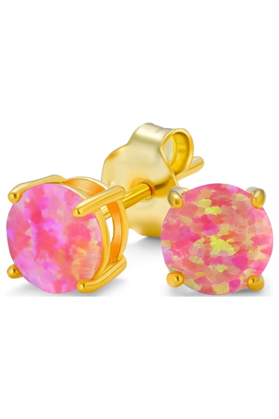 Womens Golden Created Opal Round Solitaire Stud Earrings Gold Plated 6MM