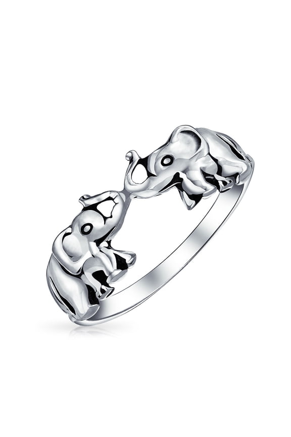 Womens Good Luck Trunk Up Zoo Animal Two Elephant Ring .925 Sterling Silver