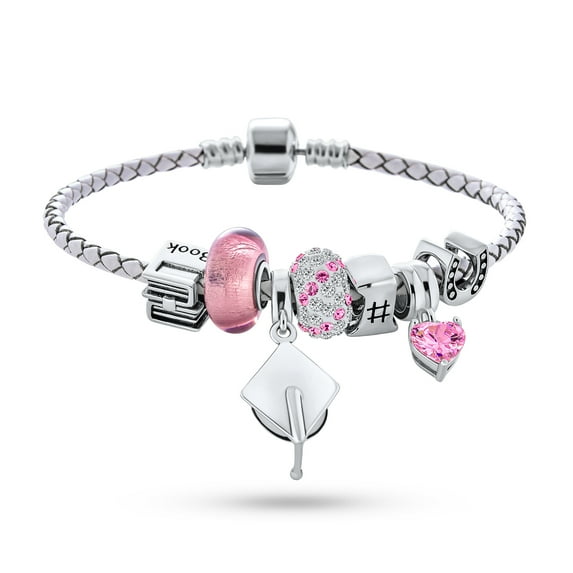 Bling Jewelry Womens Graduation Cap Good Luck White Leather Charms Bracelet Sterling Silver