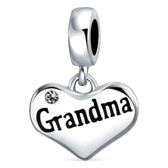 Bling Jewelry Womens Grandma Heart Dangle Charm Bead for Grandmother Crystal Accent Sterling Silver