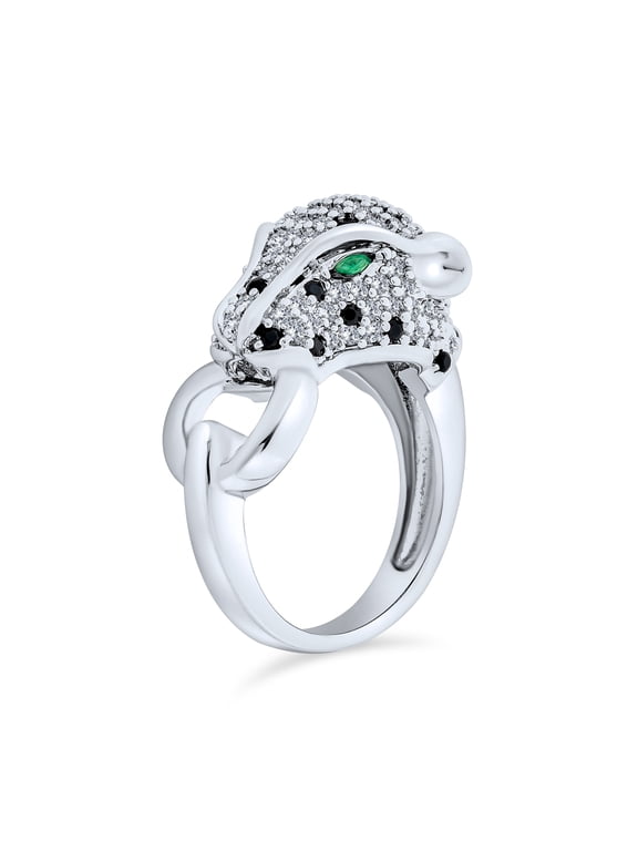 Womens Animal Black White CZ Leopard Panther Cocktail Statement Ring Silver Plated