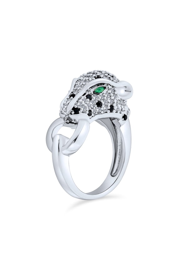 Womens Green Eye Cubic Zirconia Cocktail Statement Ring Silver-Plated Panther Design
