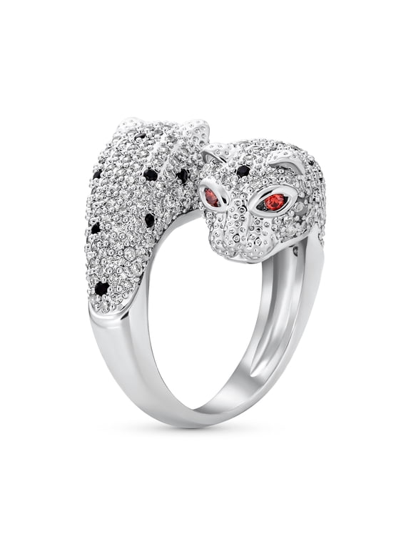 Womens Animal Black White CZ Leopard Panther Cocktail Statement Ring Silver Plated