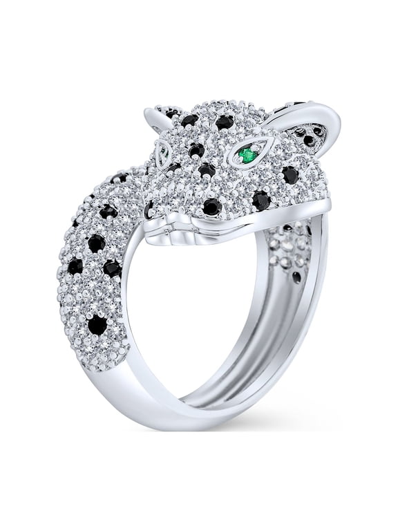 Womens Animal Black White CZ Leopard Panther Cocktail Statement Ring Silver Plated