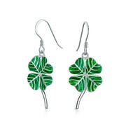 BLING JEWELRY Womens Green Shamrock Lucky Four Leaf Clover Dangle Earrings .925 Silver Fish Hook