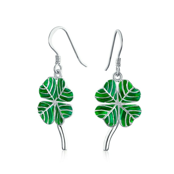 Bling Jewelry Womens Green Shamrock Lucky Four Leaf Clover Dangle Earrings .925 Silver Fish Hook