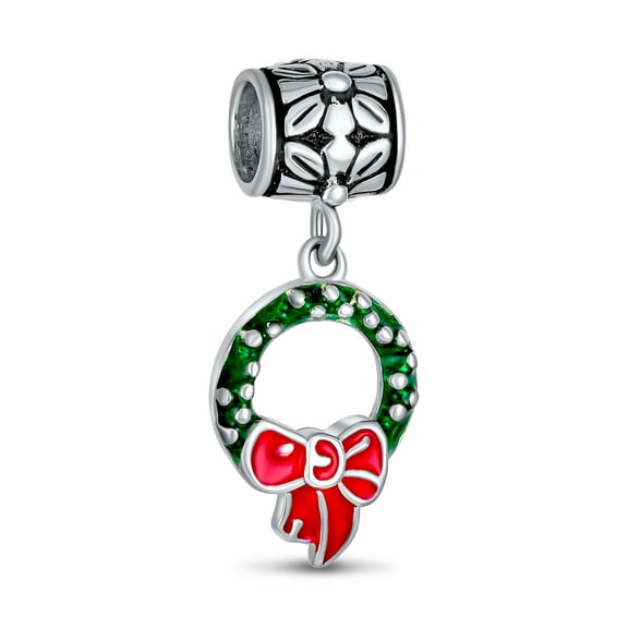 Bling Jewelry Womens Green Wreath Christmas Charm Bead with Red Bow Enamel Silver for Bracelets