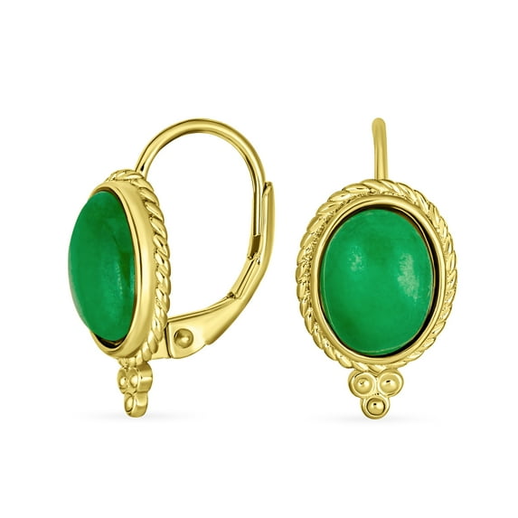 Bling Jewelry Womens GreenJade Cable Edge Oval Gemstone Drop Earrings Gold Plated .925 Silver