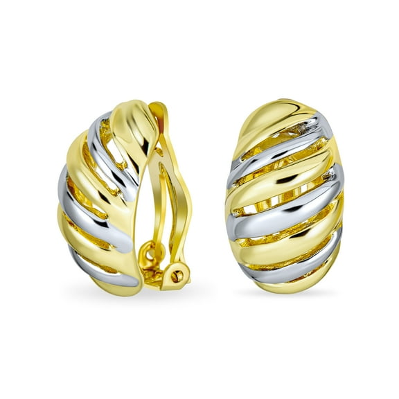 Bling Jewelry Womens Grooved Twist Hoop Two Tone Dome Clip On Earrings Gold