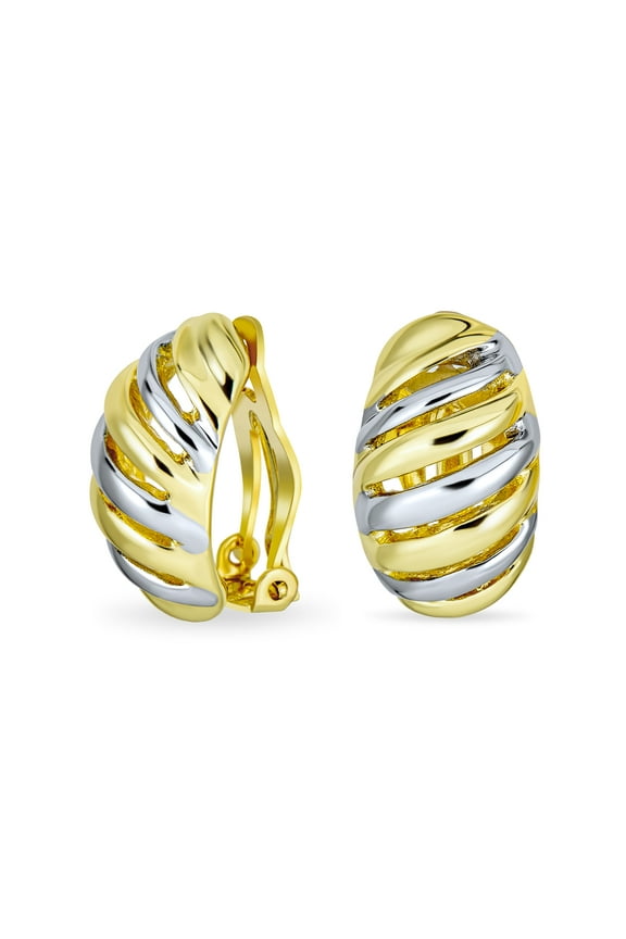 Womens Twist Stripe 2 Tone Dome Shrimp Clip On Earrings Non Pierced Gold Silver