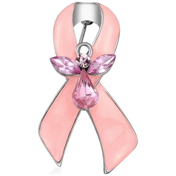 Bling Jewelry Womens Guardian Angel Cancer Awareness Ribbon Brooch Pin - Crystal Enamel Support Symbol
