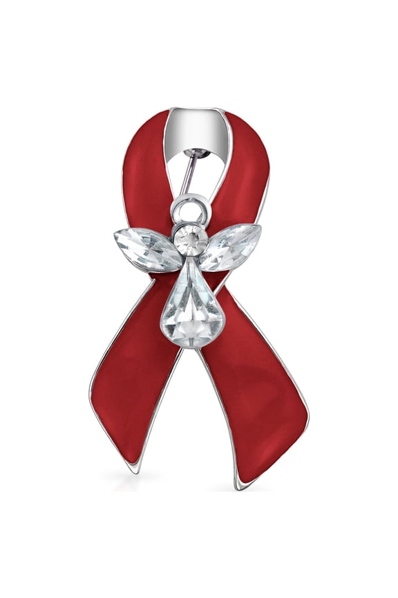 Womens Guardian Angel Cancer Awareness Support Ribbon Brooch Pin Crystal Red Enamel