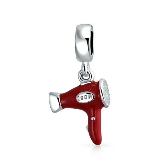 Bling Jewelry Womens Stylists Salon Hair Dryer Dangle Charm Bead Red Enamel .925 Sterling Silver for Bracelet