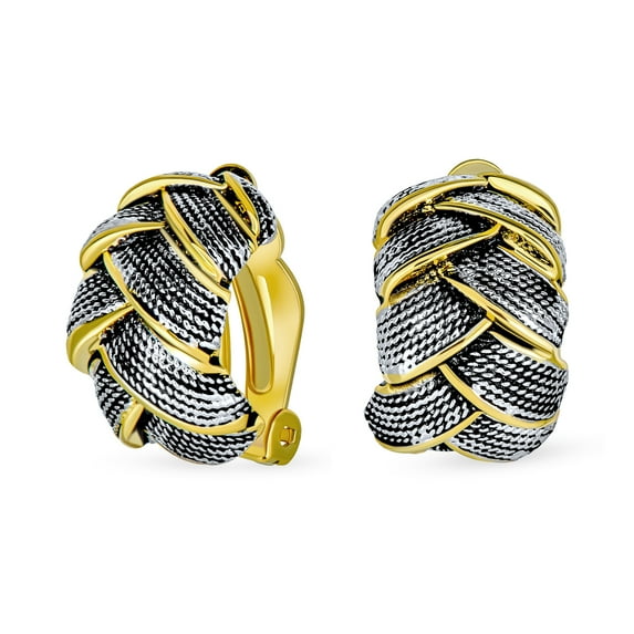 Bling Jewelry Womens Fashion 2 Tone Basket Weave Half Hoop Clip On Earrings Non Pierced Silver & Gold