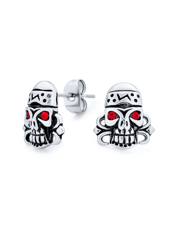 Womens Devil Red Eye Dia De Los Muertos Pirate Skull Stud Earrings Stainless Steel