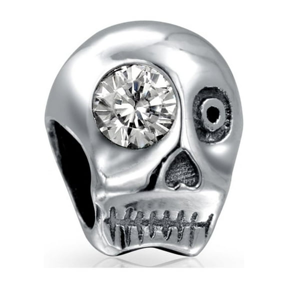 Bling Jewelry Womens Halloween Skeleton Skull Charm Bead with CZ Eye Sterling Silver for European Bracelet