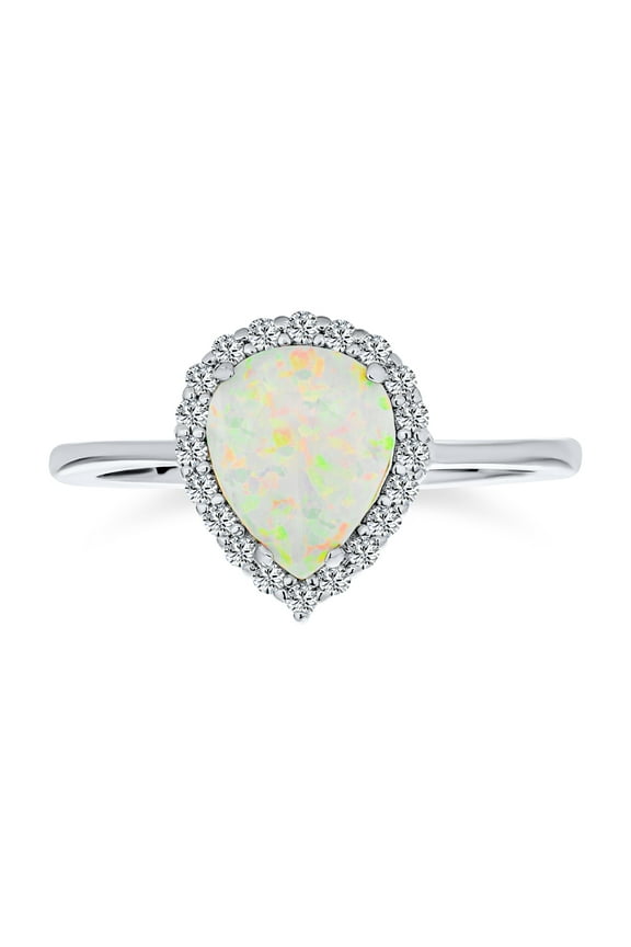 Womens Halo Pear Shape Teardrop 3CTW Created White Opal Engagement Ring Sterling Silver