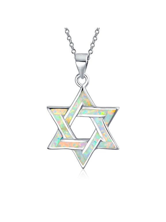 Womens Judaic Created White Opal Star of David Pendant Necklace Sterling Silver
