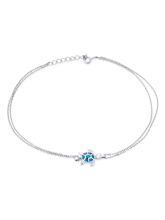 Womens Created Blue Opal Turtle Anklet Strand Charm Ankle Bracelet Sterling Silver