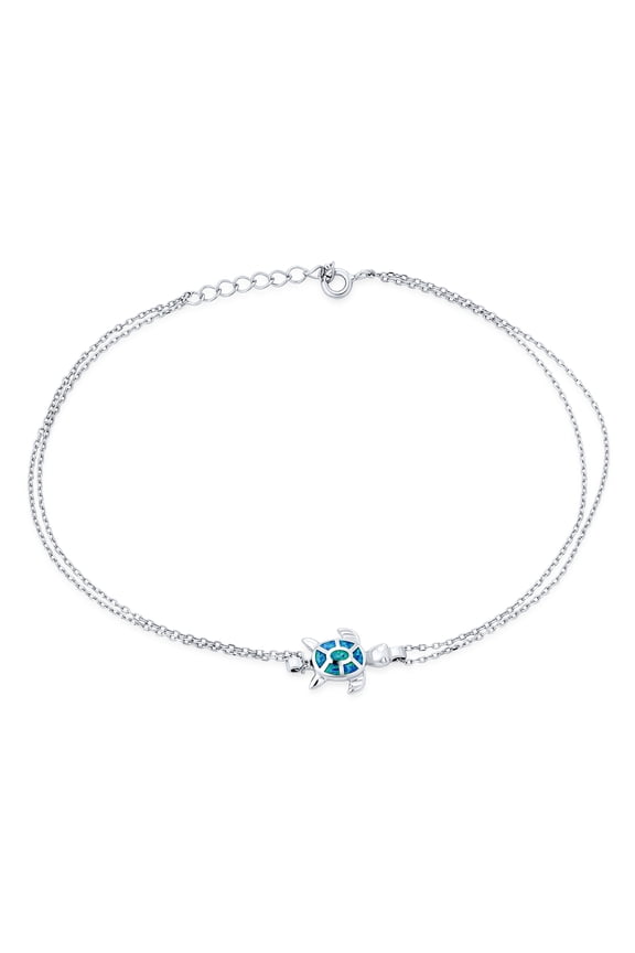 Womens Hawaii Nautical Charm Sea Blue Opal Turtle Anklet Ankle Bracelet Sterling Silver