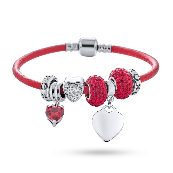 Bling Jewelry Womens Valentine Engraving Heart Charm Multi Bead Charm Bracelet Red Leather Sterling Silver Barrel Clasp