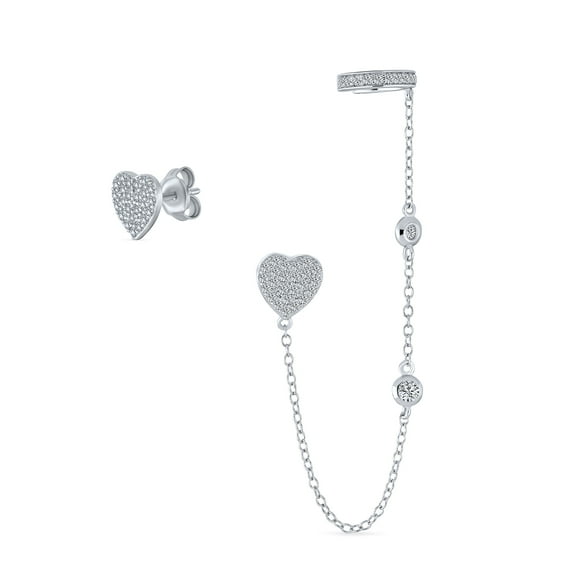 Bling Jewelry Womens Ear Cuff Cartilage Wrap Heart Shaped Earring & CZ Stud Helix Sterling Silver