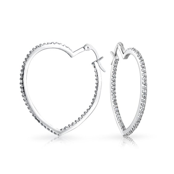 Bling Jewelry Womens Inside Out Pave CZ Large Heart Shaped Hoop Earrings 1.5" Rhodium-Plated