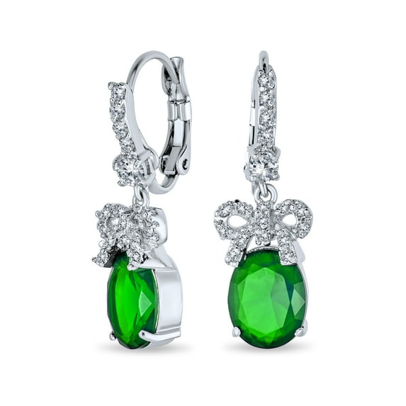 Bling Jewelry Womens Green CZ Accent Ribbon Bow Oval Drop Chandelier Earrings
