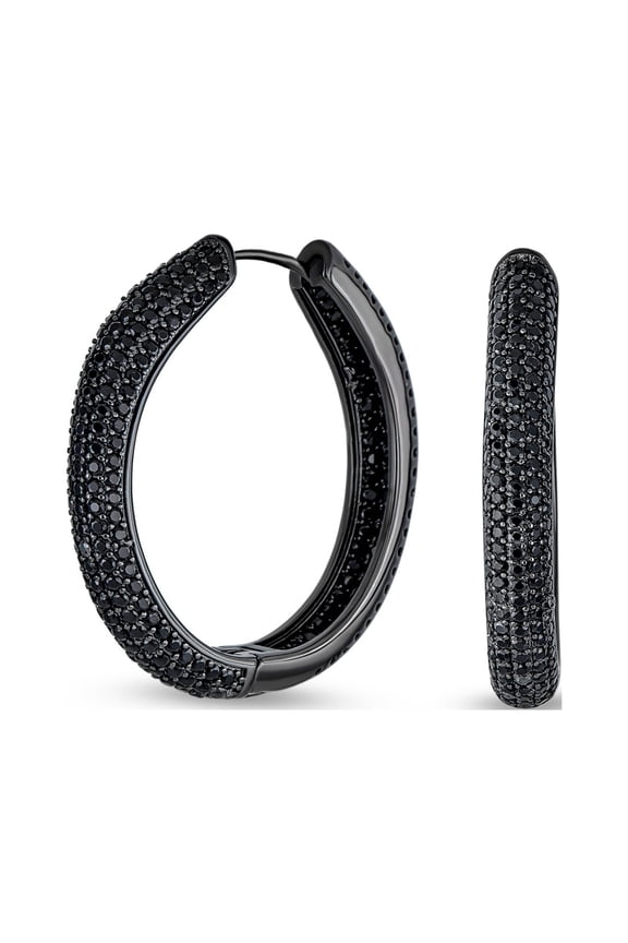 Womens Cubic Zirconia Pave Large Inside Out Statement Black CZ Hoop Earrings Black Plated 1.5" Dia