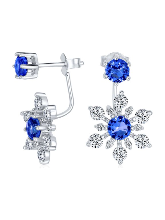 Womens Christmas Jewelry Royal Blue CZ Snowflake Ear Jacket & Stud Earrings