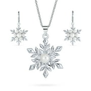 BLING JEWELRY Womens Holiday Pendant Necklace & Pearl Snowflake Earrings Jewelry Set Silver Plated