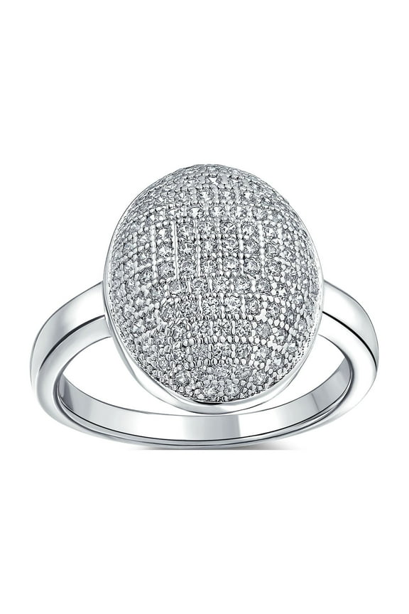 Womens Holiday Party Silver Cocktail Statement Ring with Cubic Zirconia Oval Pave Dome