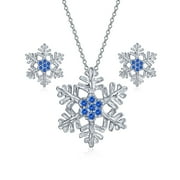 Bling Jewelry Womens Holiday Party Snowflake Pendant Necklace & Earrings Set Blue CZ Sterling Silver