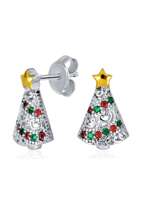 Womens Holiday Star CZ Stud Earrings: Red & Green Sparkly Christmas Tree Design