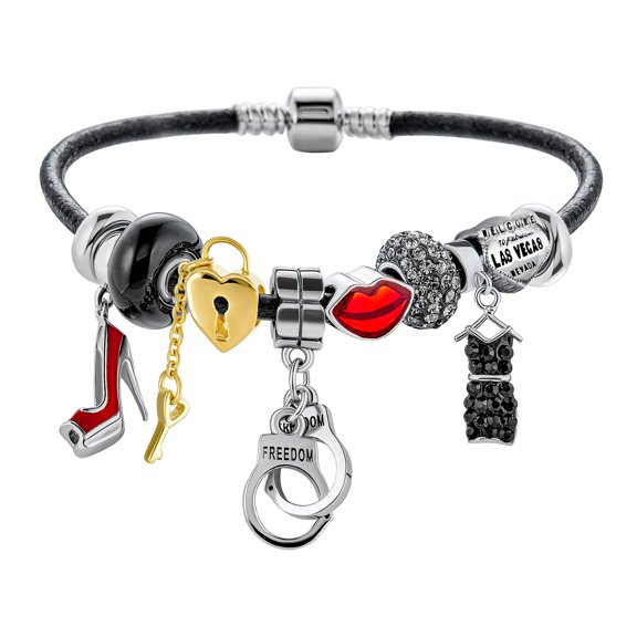 Bling Jewelry Womens Cuff Charm Bracelet .925 Sterling Silver Partners in Love Crystal Beads Theme Black Leather