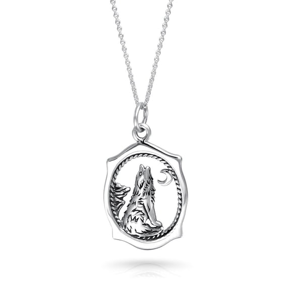 Bling Jewelry Womens Howling Wolf Crescent Moon Pendant Werewolf Necklace Sterling Silver