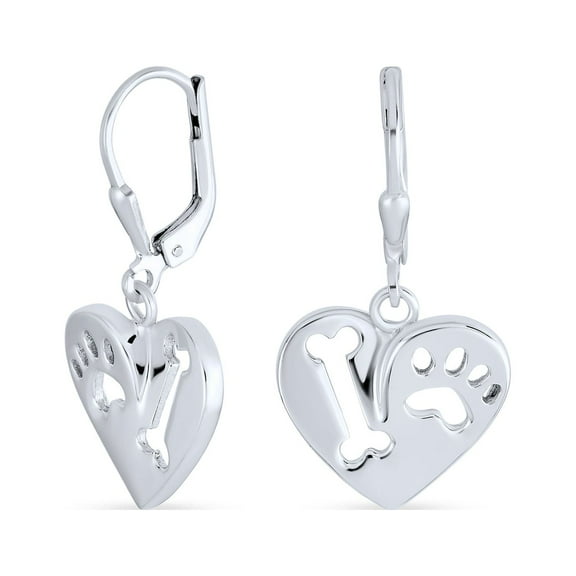 Bling Jewelry Womens I Love My Dog Paw Print Dangle Heart Shape Earrings Animal Lover .925 Sterling Silver Lever back