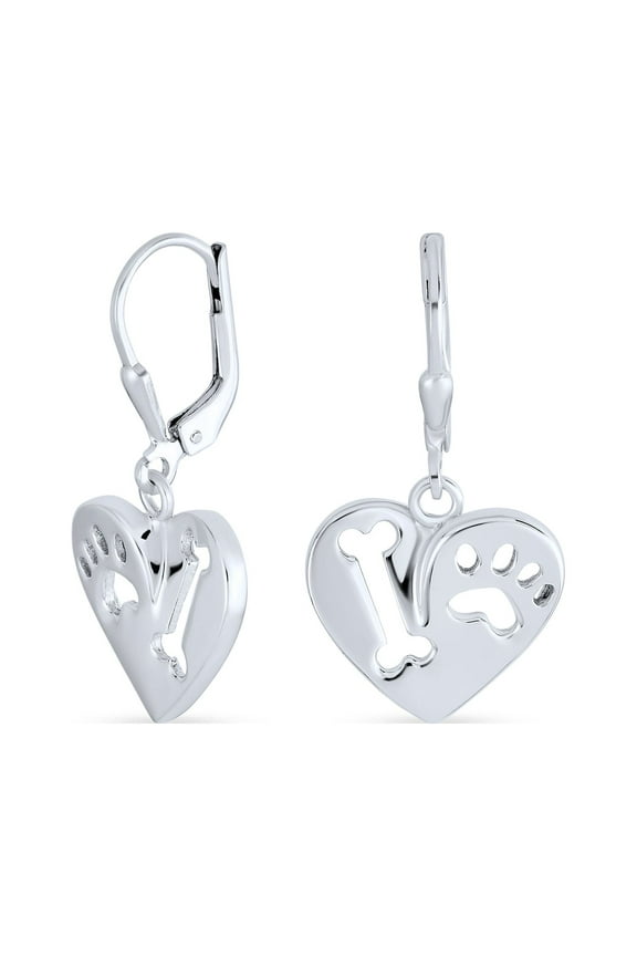 Womens I Love My Dog Paw Print Dangle Heart Shape Earrings Animal Lover .925 Sterling Silver Lever back