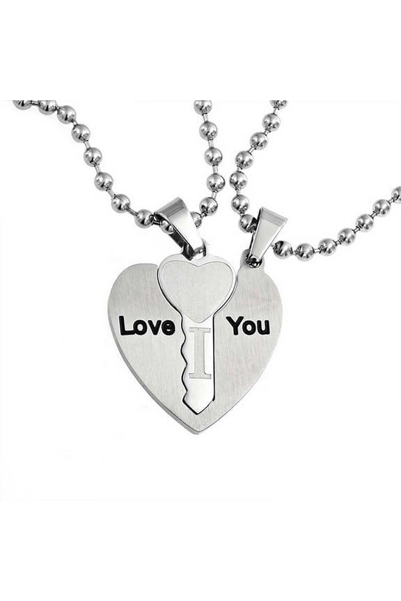 Womens I Love You Words Puzzle Heart Key Pendant Couples Necklace Stainless Steel