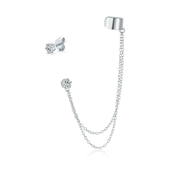 Bling Jewelry Womens Band Cuff & Double Chains Ear Warp CZ Cubic Zirconia Stud Earring Sterling Silver