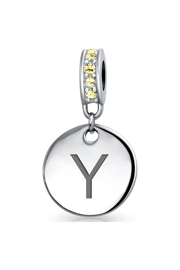 Womens Initial Alphabet Bead Charm Yellow Crystal Accent Dangle for European Bracelet