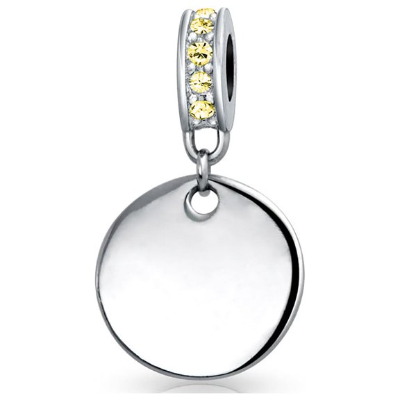 Bling Jewelry Womens .925 Sterling Silver Yellow Topaz Crystal Accent Bale Circle Disc Shape Dangle Charm Bead